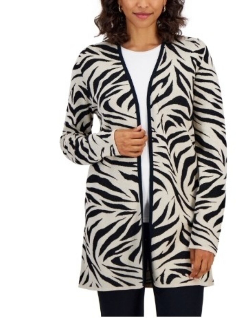 JM Collection Zarina Zebra-print Flyaway Cardigan, In Stone Combo, Size L